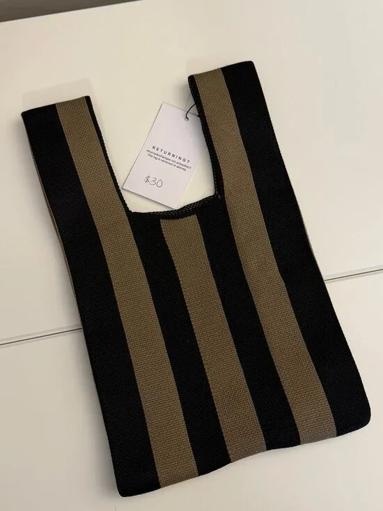 Reusable Vertical Stripes Tote - Black Khaki - Picture 7 of 8